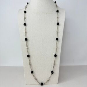 Etienne Aigner Necklace Black Faceted Bead‎ Silver Tone Adjustable Long Length